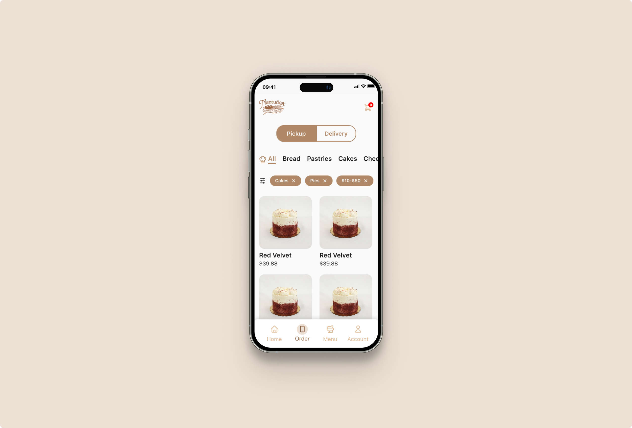 Image of Nantucket Bakery app menu screen on iPhone
